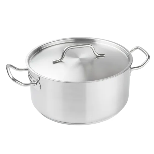 Cacerola baja de acero inoxidable con tapa. Apta para inducción.