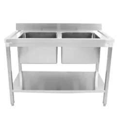 Fregadero doble con estante de acero inoxidable